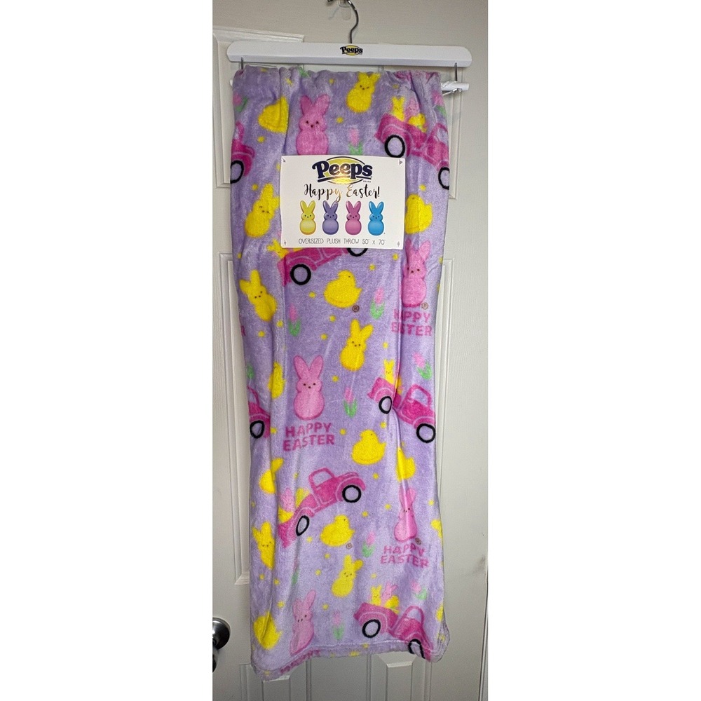 Peeps Purple Yellow Pink Easter Truck Bunnies Chicks Plush Throw Blanket 50"x70"
